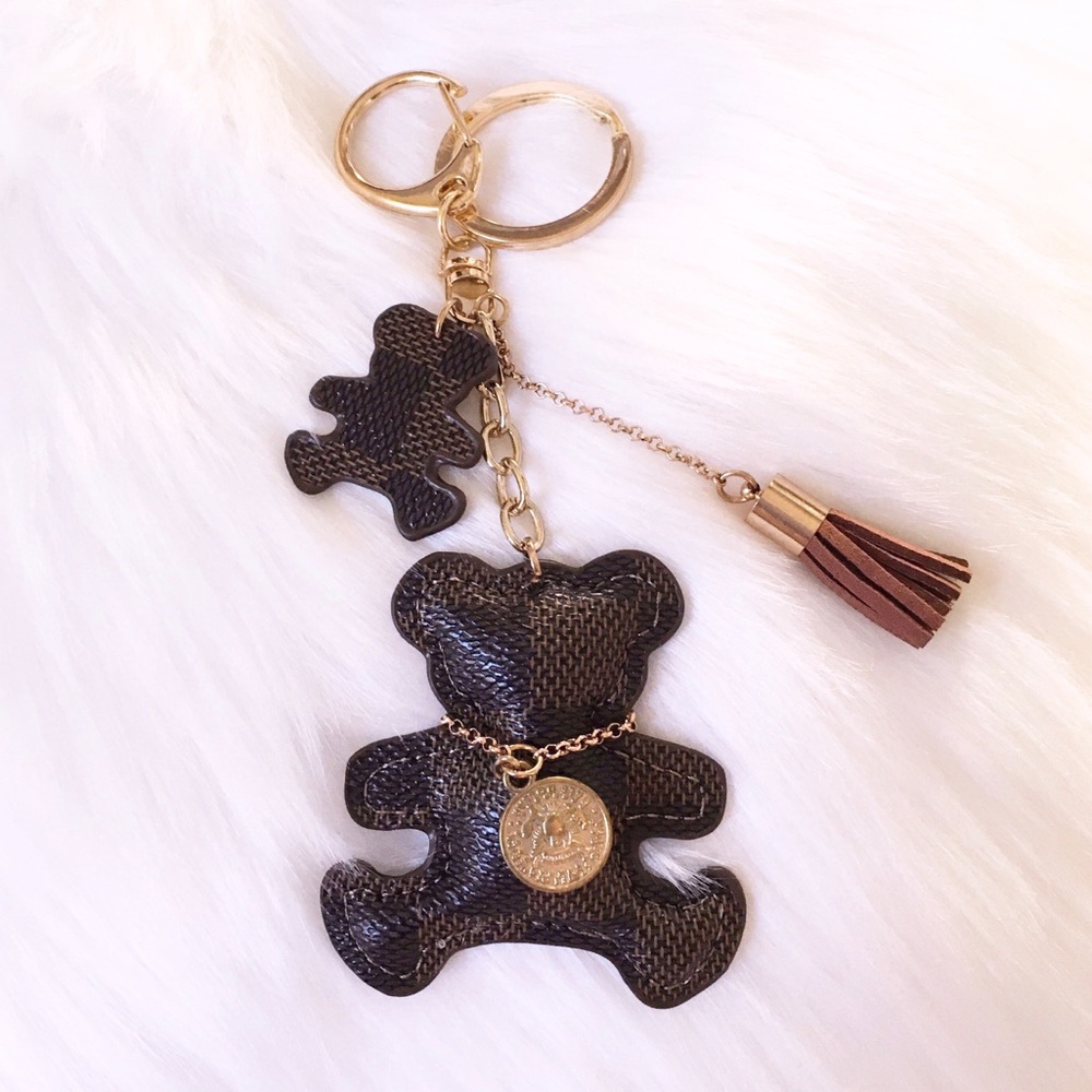 Bear bag charm / key holder / brown checker pattern